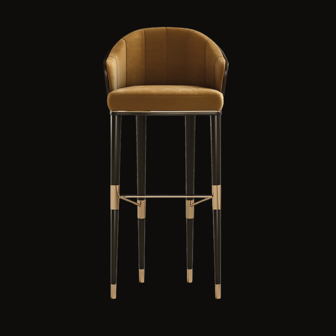 Velvet Upholstered Bar Stool with Gold Accents and Curved Backrest