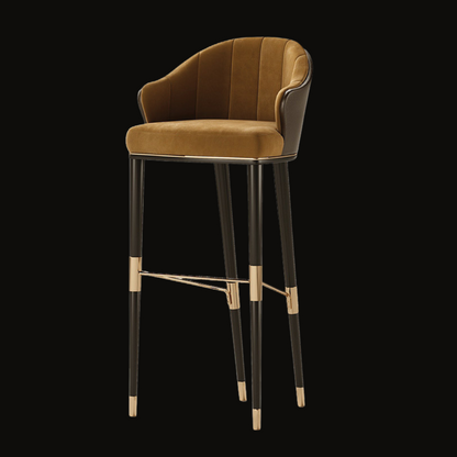 Velvet Upholstered Bar Stool with Gold Accents and Curved Backrest