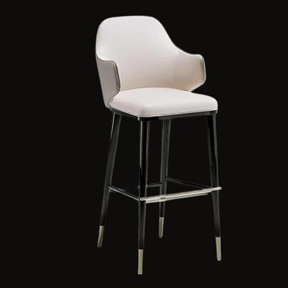 Elegant White Faux Leather Bar Stool with High Back and Gold Accents