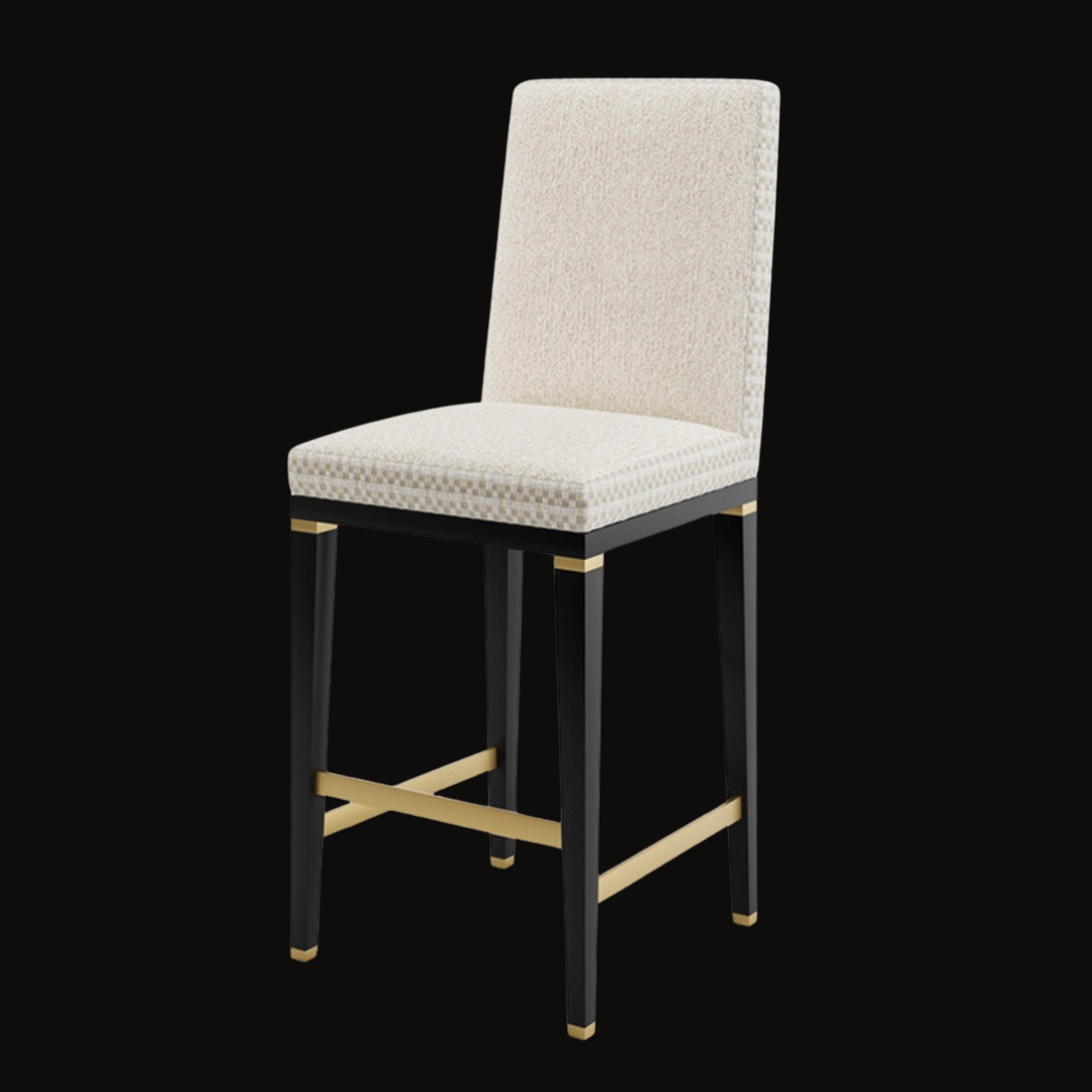 Elegant High-Back Upholstered Bar Stool with Gold and Black Accents