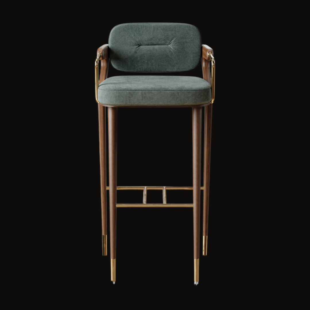 Luxury Green Velvet Bar Stool with Gold Armrests and Wooden Frame