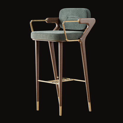 Luxury Green Velvet Bar Stool with Gold Armrests and Wooden Frame