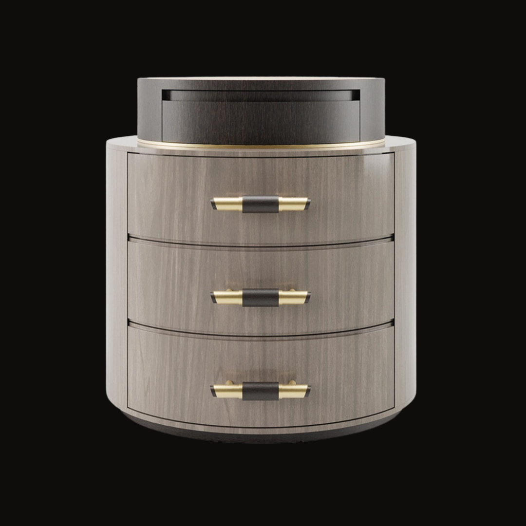 Luxury round night table with three drawers, featuring gold and black accents - perfect for modern and classic bedrooms