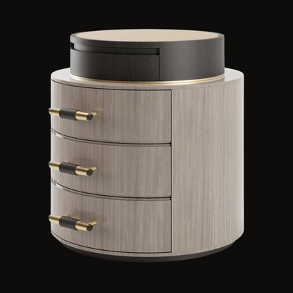 Luxury round night table with three drawers, featuring gold and black accents - perfect for modern and classic bedrooms