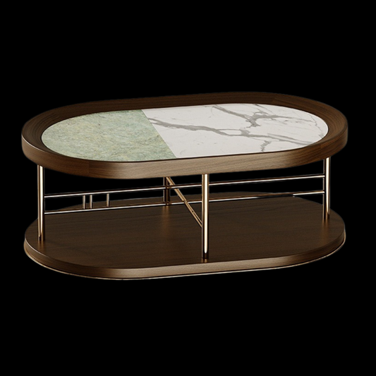 Oval marble top coffee table with a wooden base and metal accents