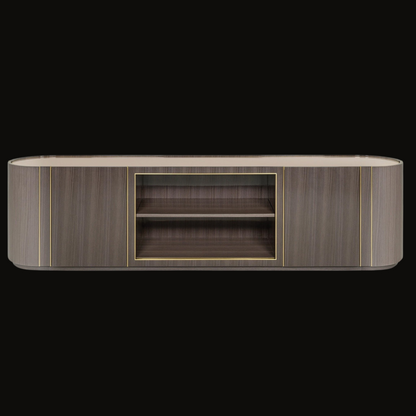 Contemporary TV Unit with Rounded Edges and Gold Detailing