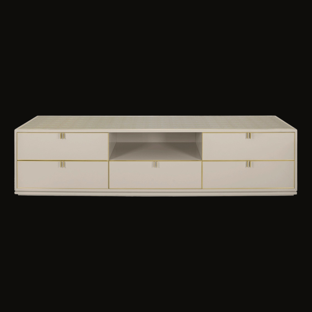 Elegant Cream TV Unit with Gold Detailing and Ample Storage