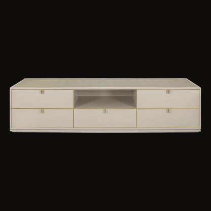 Elegant Cream TV Unit with Gold Detailing and Ample Storage