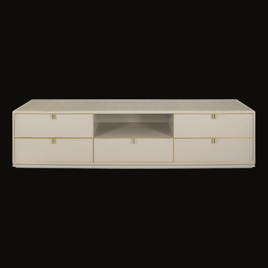Elegant Cream TV Unit with Gold Detailing and Ample Storage