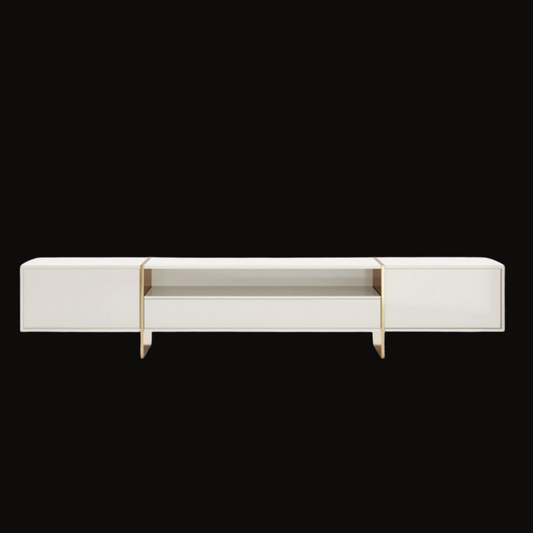Modern White TV Unit with Gold Base and Open Shelving
