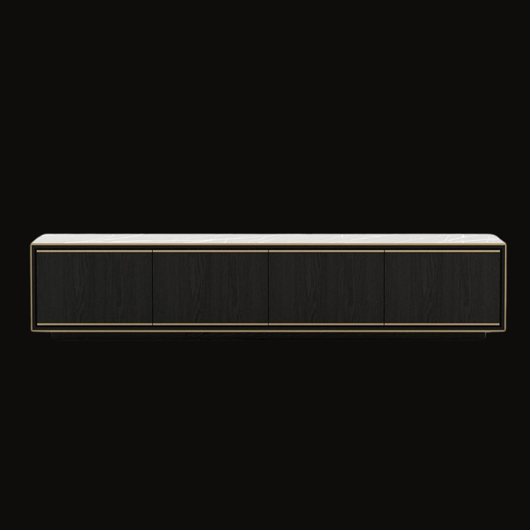 Luxury Modern TV Console – Minimalist Black with Gold Accents