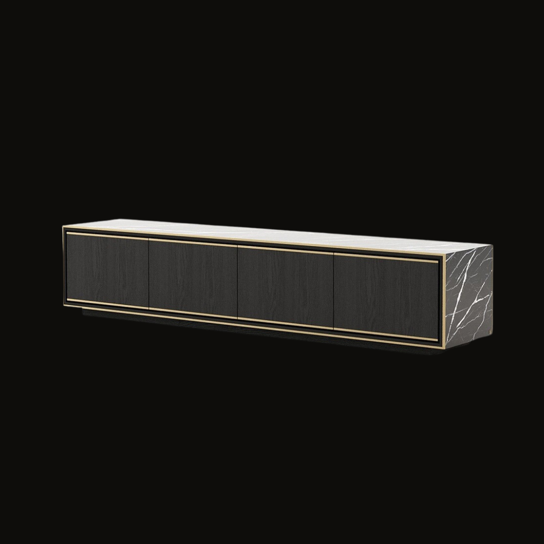 Luxury Modern TV Console – Minimalist Black with Gold Accents