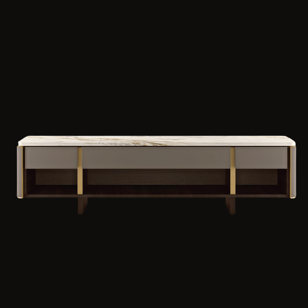 Modern Luxury TV Console with Marble Finish and Gold Accents