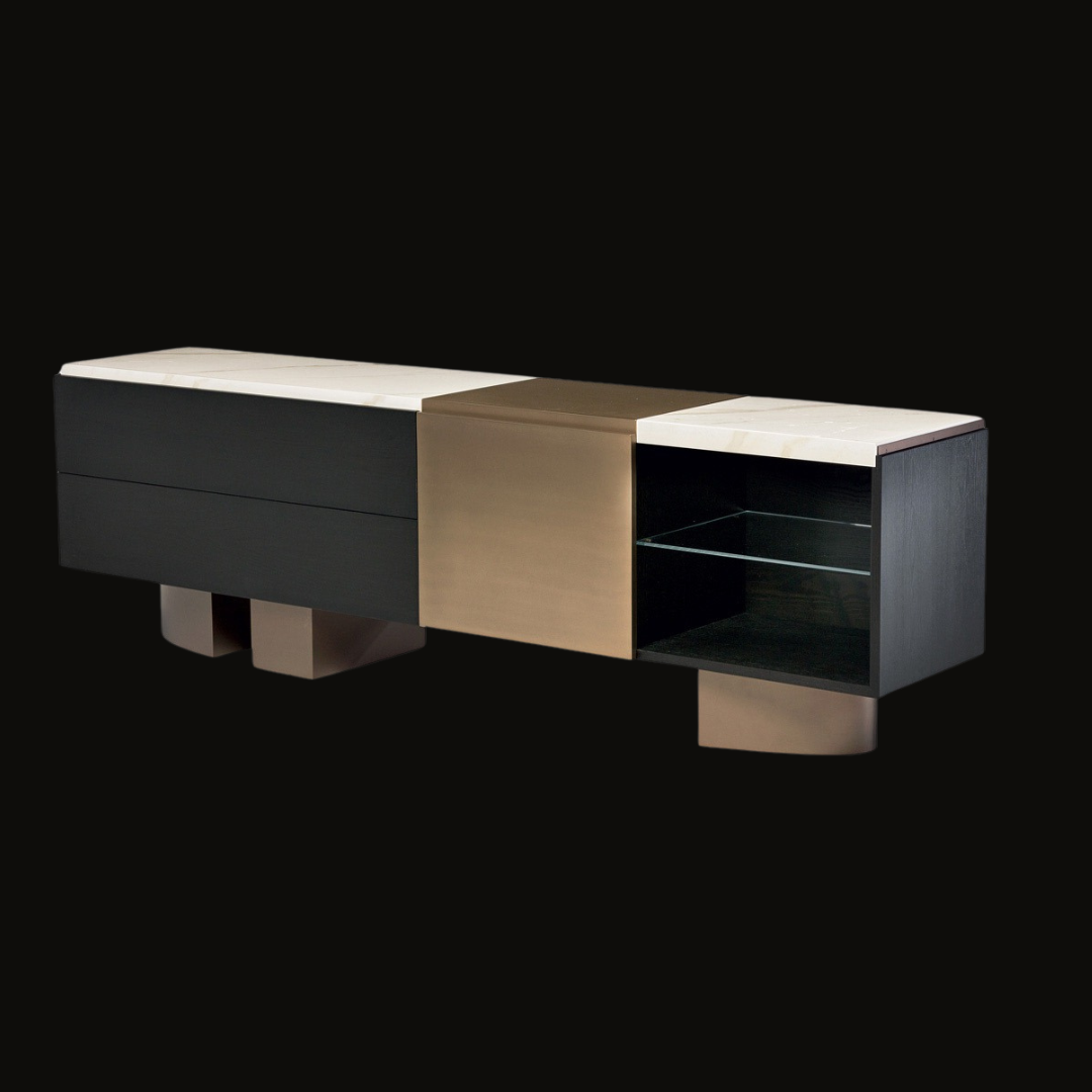 Modern Luxury TV Console with Black, Bronze, and Glass Design
