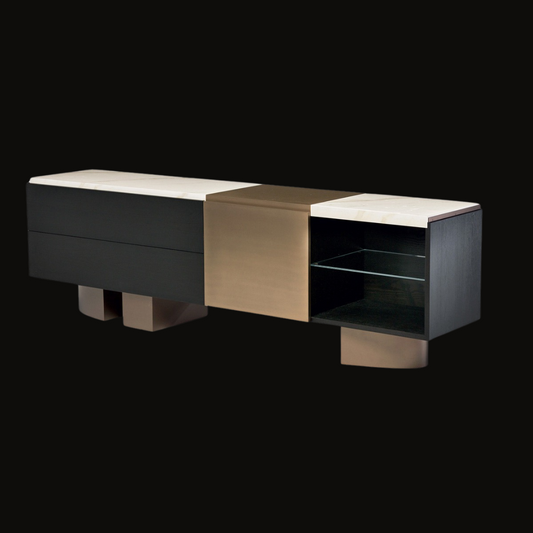 Modern Luxury TV Console with Black, Bronze, and Glass Design