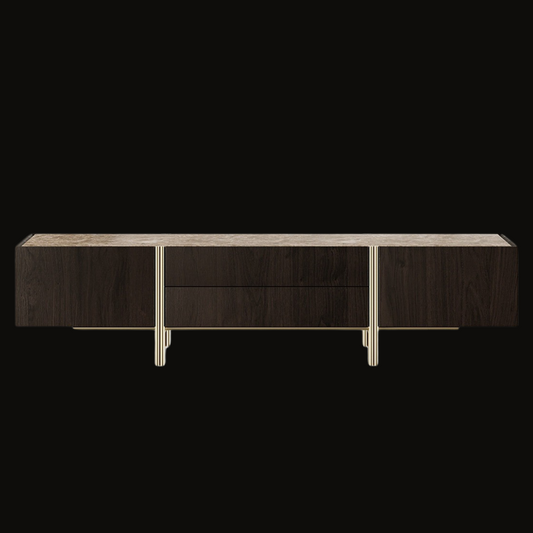 Modern Dark Wood TV Console with Gold Accents and Marble Top
